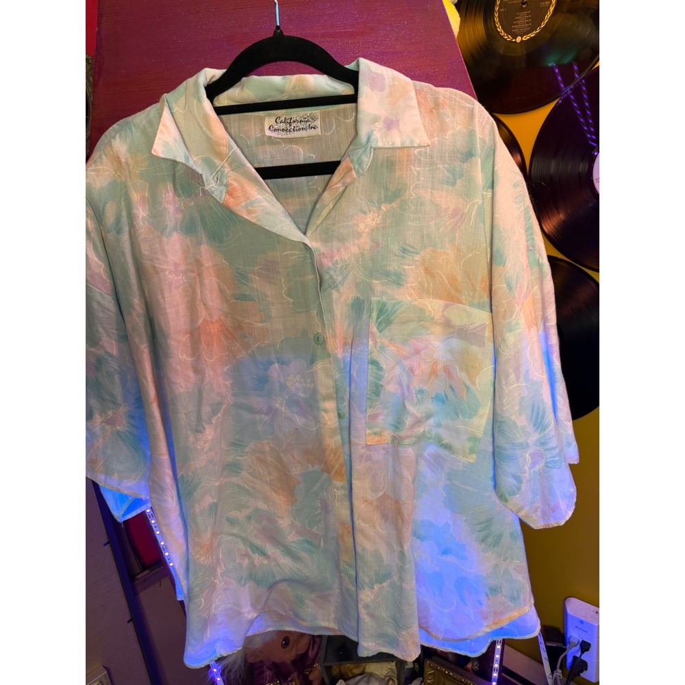 Vintage California Connection Pastel Floral Watercolor Button Up Shirt Mint L